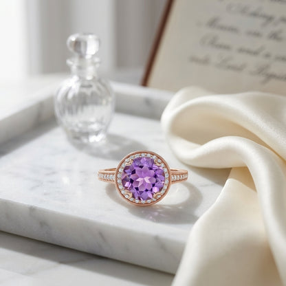 Amethyst And Diamond Round Halo Antique Finish Ring In 14k Rose Gold ( Hi / Si ) — atelier still life