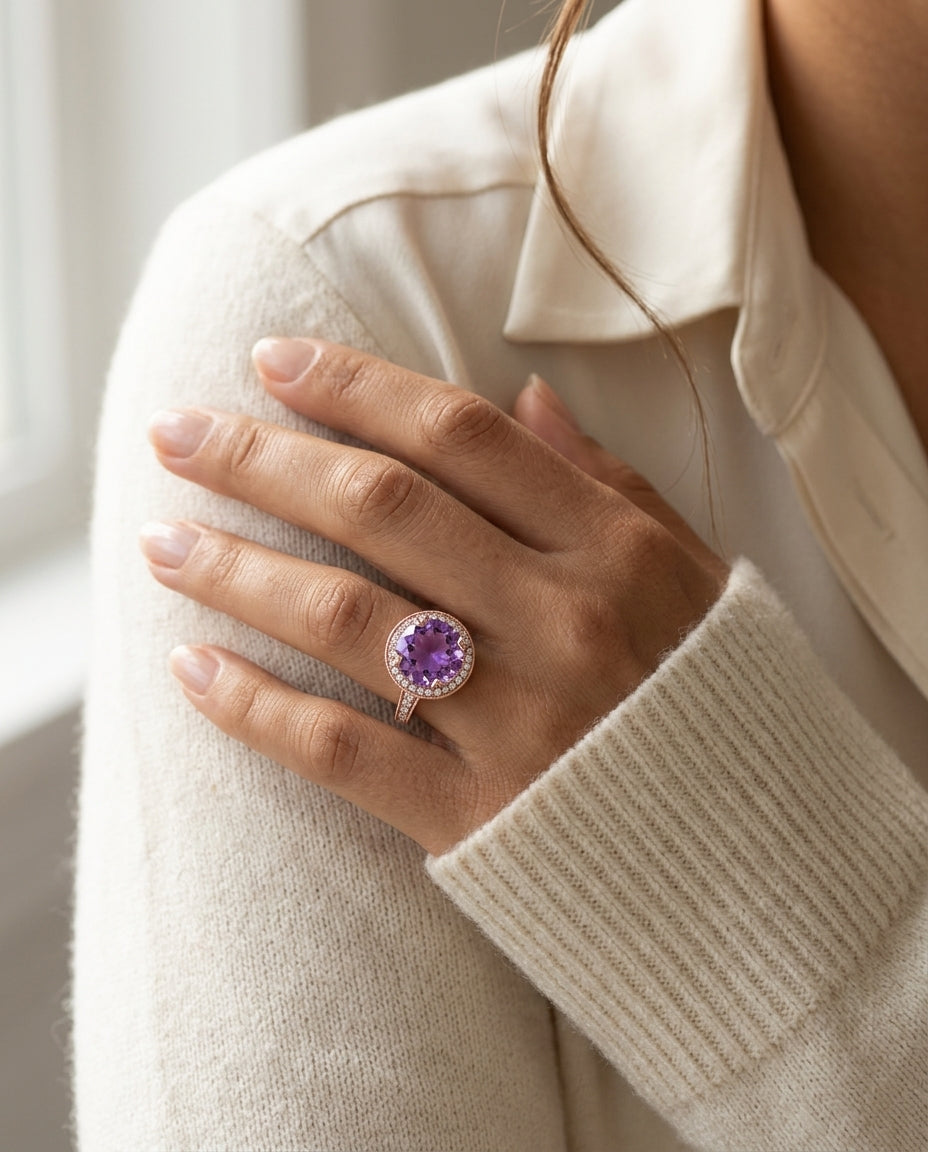 Amethyst And Diamond Round Halo Antique Finish Ring In 14k Rose Gold ( Hi / Si ) — editorial close-up
