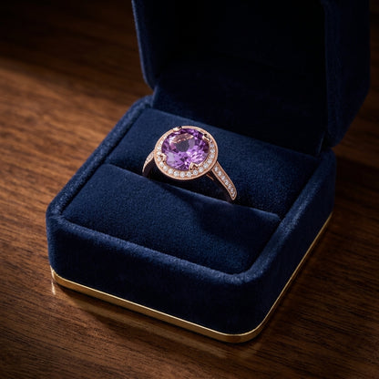 Amethyst And Diamond Round Halo Antique Finish Ring In 14k Rose Gold ( Hi / Si ) — gift presentation