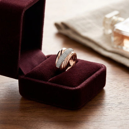 Diamond Pave High Polish Criss Cross Fashion Band in 14k Rose Gold — velvet box