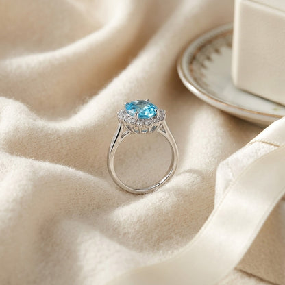 Morganite and Diamond Oval Border Ring  in 14k Rose Gold (8x6mm) — textile flat lay