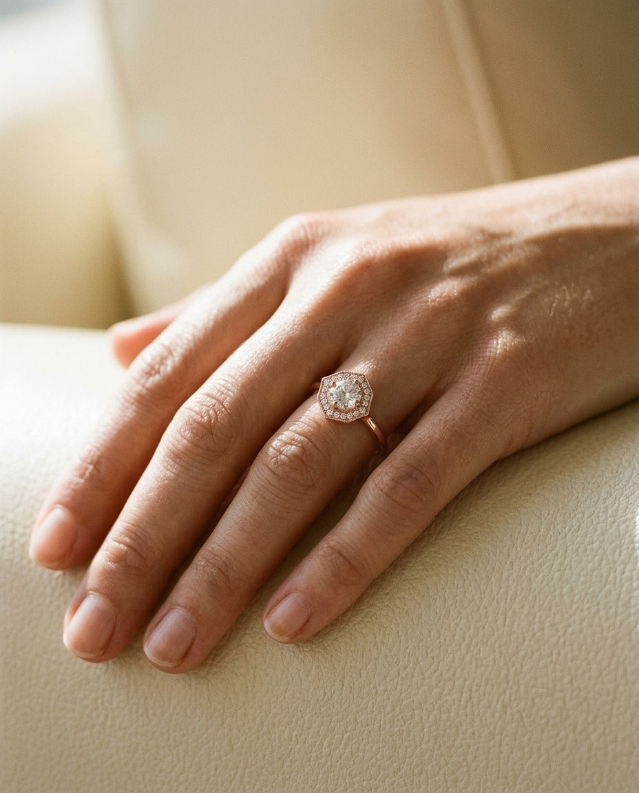 Diamond Pave Ring in 14k Rose Gold — portrait close