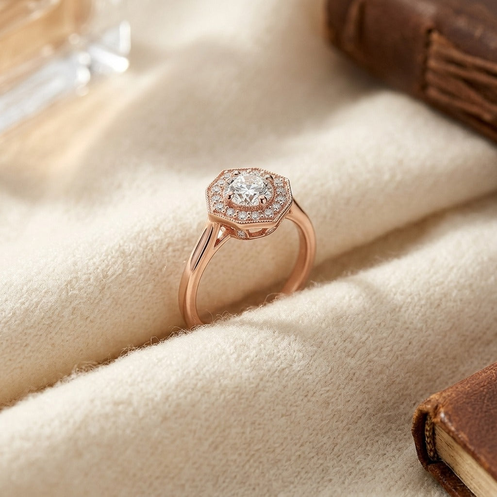 Diamond Pave Ring in 14k Rose Gold — textile flat lay