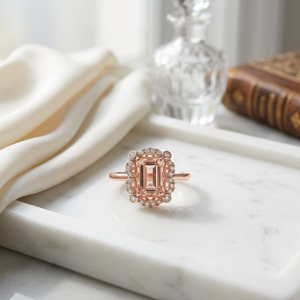 Emerald Cut Morganite Scalloped Framed Ring 14k Rose Gold 1/7ctw — atelier still life