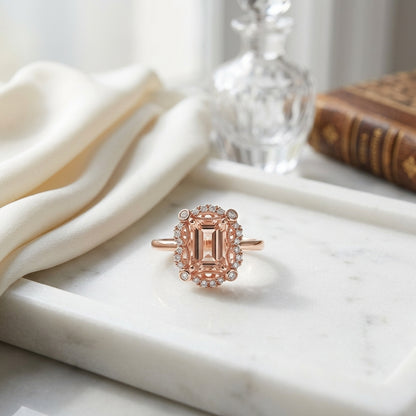 Emerald Cut Morganite Scalloped Framed Ring 14k Rose Gold 1/7ctw — atelier still life