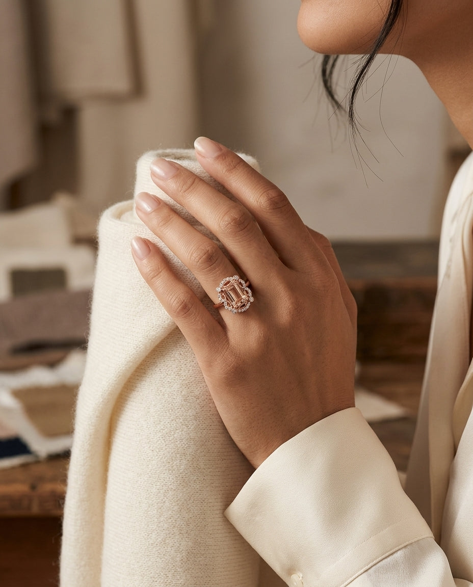 Emerald Cut Morganite Scalloped Framed Ring 14k Rose Gold 1/7ctw — editorial close-up