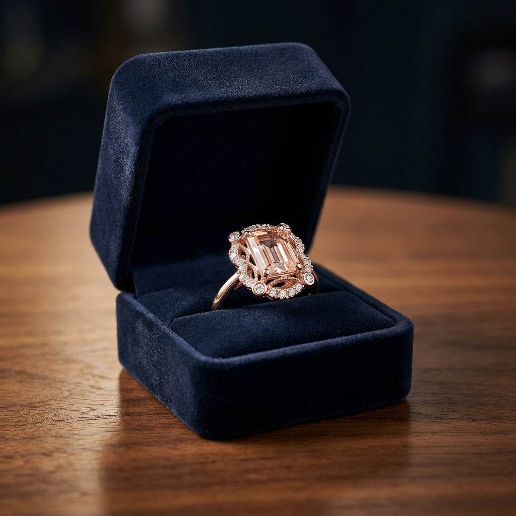 Emerald Cut Morganite Scalloped Framed Ring 14k Rose Gold 1/7ctw — gift presentation