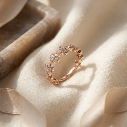 Diamond Clover Band in 14k Rose Gold 1/3ctw — textile flat lay