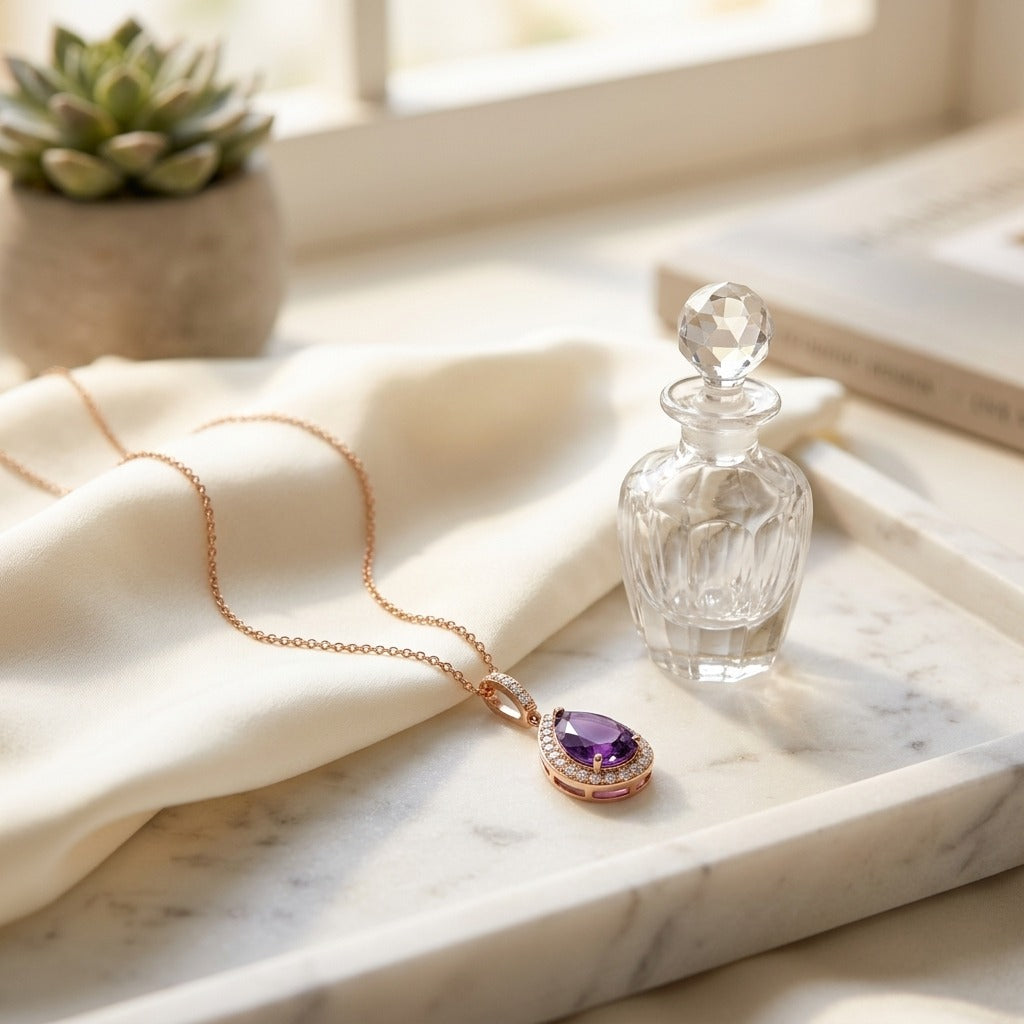 Amethyst and Diamond Pendant in 14k Rose Gold (13x8mm) — marble silk