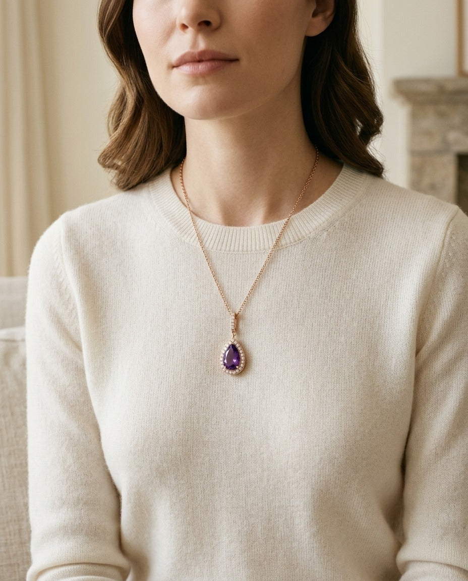 Amethyst and Diamond Pendant in 14k Rose Gold (13x8mm) — portrait close