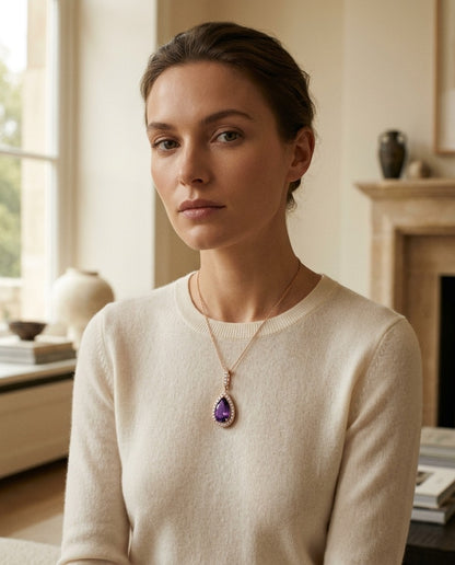 Amethyst and Diamond Pendant in 14k Rose Gold (13x8mm) — portrait full