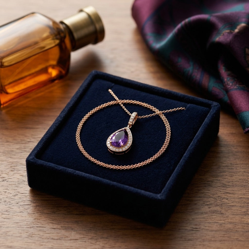 Amethyst and Diamond Pendant in 14k Rose Gold (13x8mm) — velvet box