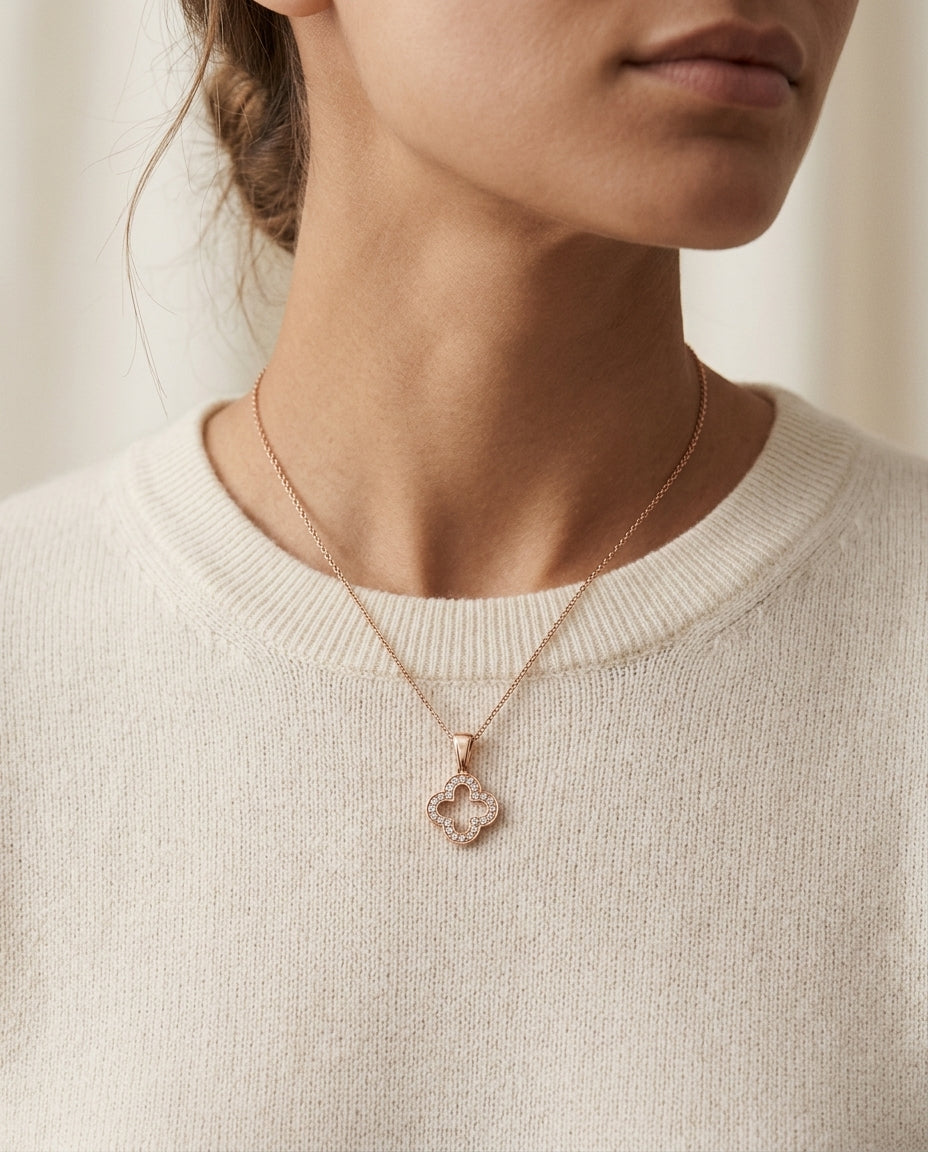 Diamond Clover Pendant In 14k Rose Gold — editorial close-up