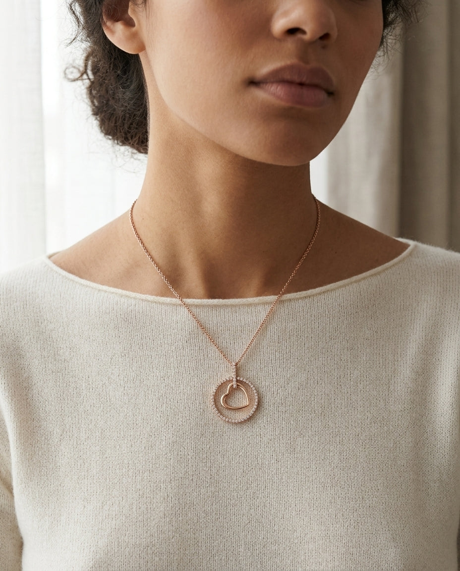Heart In Circle Diamond Pendant In 14k Rose Gold (1/6 Ct.tw.) — editorial close-up