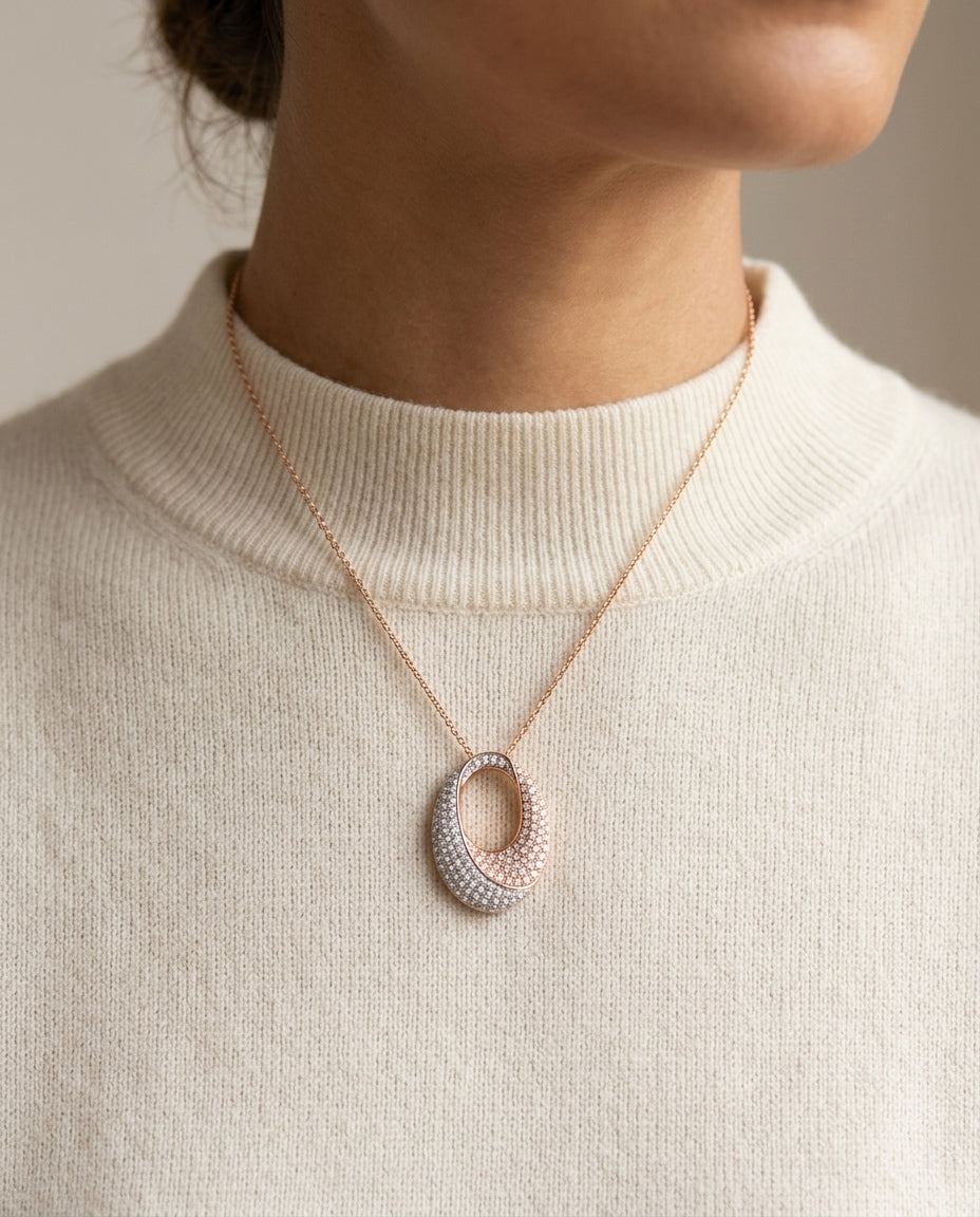 Diamond Pave Bi-color Oval Pendant In 14k Rose Gold — editorial close-up