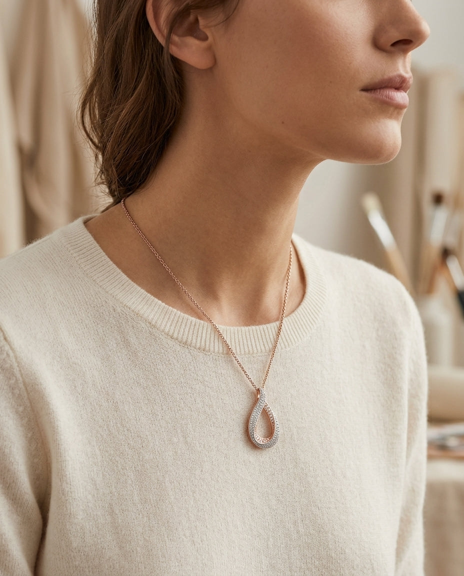 Diamond Pave Teardrop Pendant In 14k Rose Gold (17-in Curb Chain) — editorial close-up