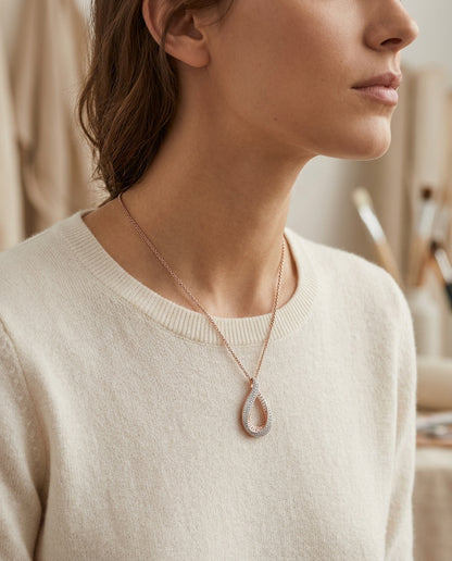 Diamond Pave Teardrop Pendant In 14k Rose Gold (17-in Curb Chain) — editorial close-up