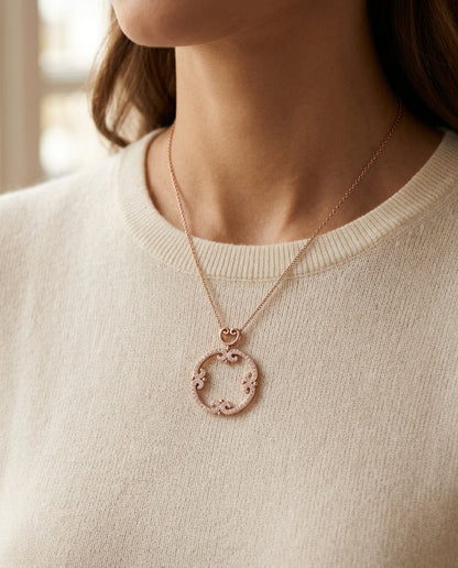 Diamond Pave Open Frame Curlicue Pendant In 14k Rose Gold — editorial close-up
