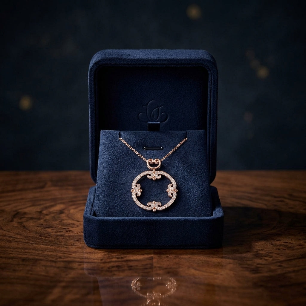 Diamond Pave Open Frame Curlicue Pendant In 14k Rose Gold — gift presentation