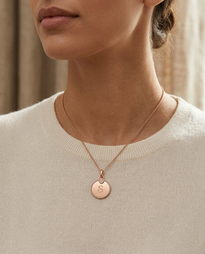 Diamond Initial "c" Disk Pendant In 14k Rose Gold — editorial close-up