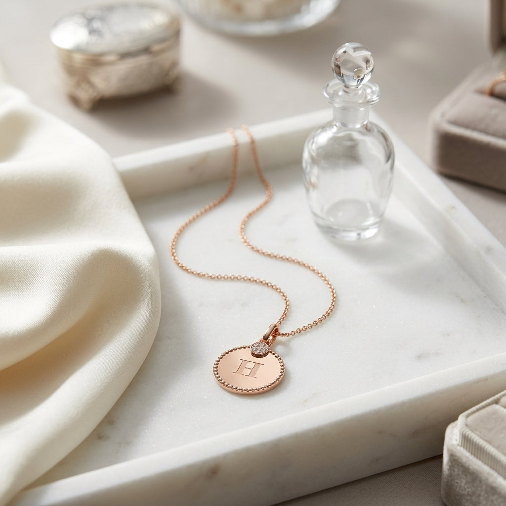 Diamond Initial "h" Disc Pendant In 14k Rose Gold (17-inch Curb Chain) — atelier still life