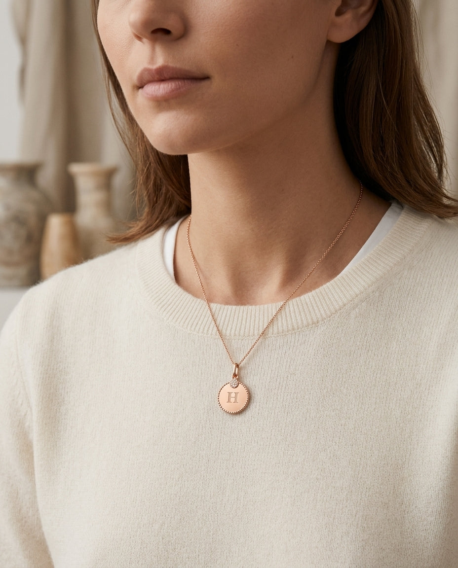 Diamond Initial "h" Disc Pendant In 14k Rose Gold (17-inch Curb Chain) — editorial close-up