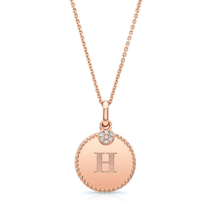 Diamond Initial "h" Disc Pendant In 14k Rose Gold (17-inch Curb Chain)