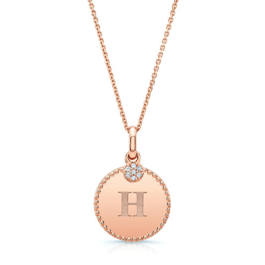 Diamond Initial "h" Disc Pendant In 14k Rose Gold (17-inch Curb Chain)