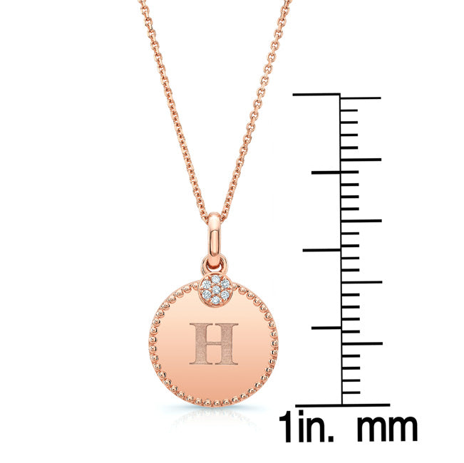 Diamond Initial "h" Disc Pendant In 14k Rose Gold (17-inch Curb Chain)