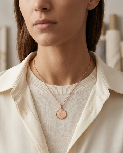 Diamond Initial "m" Disc Pendant In 14k Rose Gold — editorial close-up