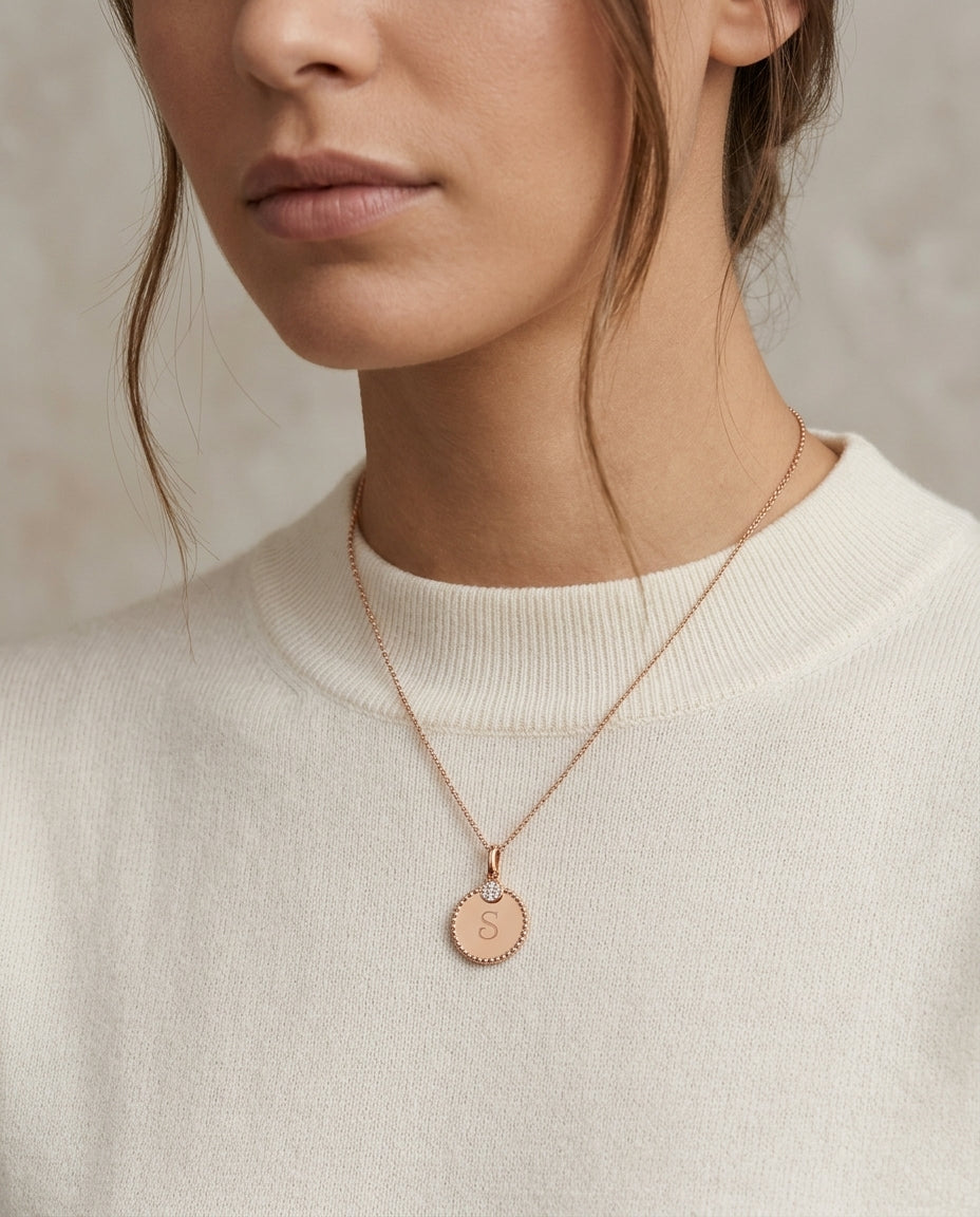 Diamond Initial "e" Disc Pendant In 14k Rose Gold — editorial close-up