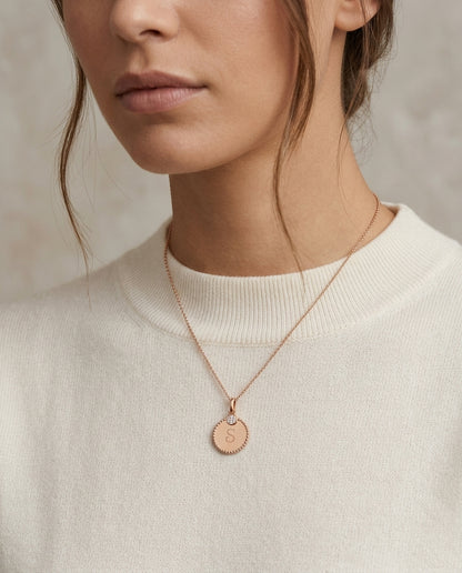 Diamond Initial "e" Disc Pendant In 14k Rose Gold — editorial close-up