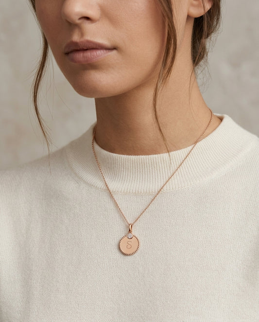 Diamond Initial "e" Disc Pendant In 14k Rose Gold — editorial close-up