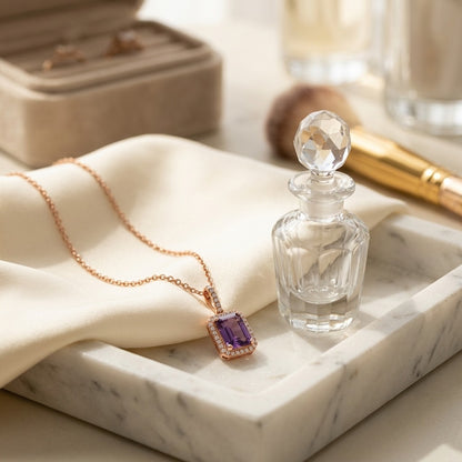 Amethyst And Diamond Emerald-cut Halo Pendant In 14k Rose Gold — marble silk