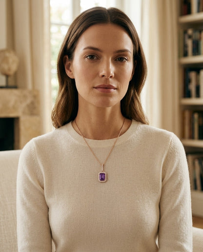 Amethyst And Diamond Emerald-cut Halo Pendant In 14k Rose Gold — portrait close
