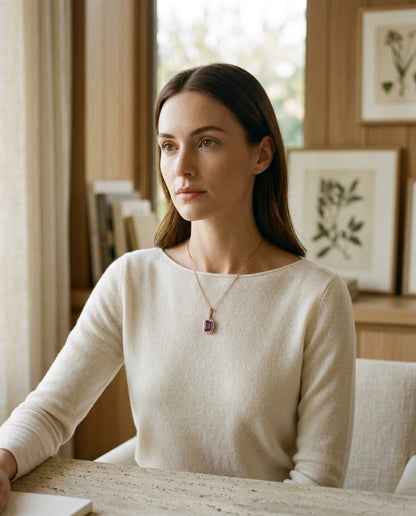 Amethyst And Diamond Emerald-cut Halo Pendant In 14k Rose Gold — portrait full