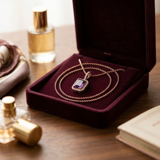 Amethyst And Diamond Emerald-cut Halo Pendant In 14k Rose Gold — velvet box