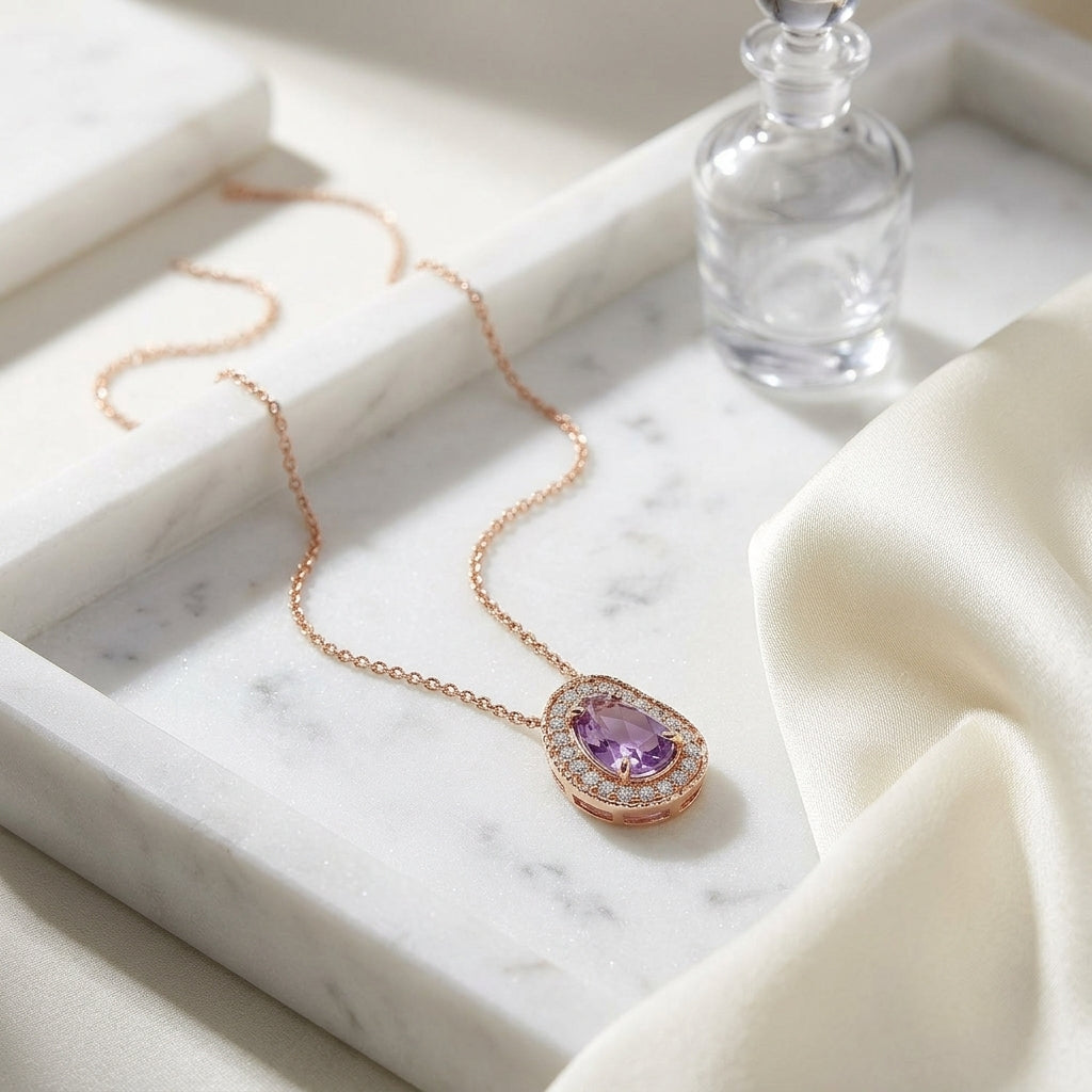 Amethyst And Diamond Fancy Cut Checkerboard Pendant In 14k Rose Gold — atelier still life