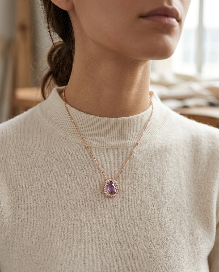 Amethyst And Diamond Fancy Cut Checkerboard Pendant In 14k Rose Gold — editorial close-up