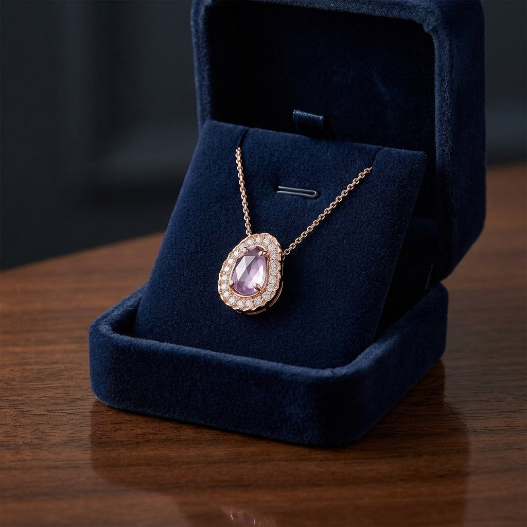 Amethyst And Diamond Fancy Cut Checkerboard Pendant In 14k Rose Gold — gift presentation