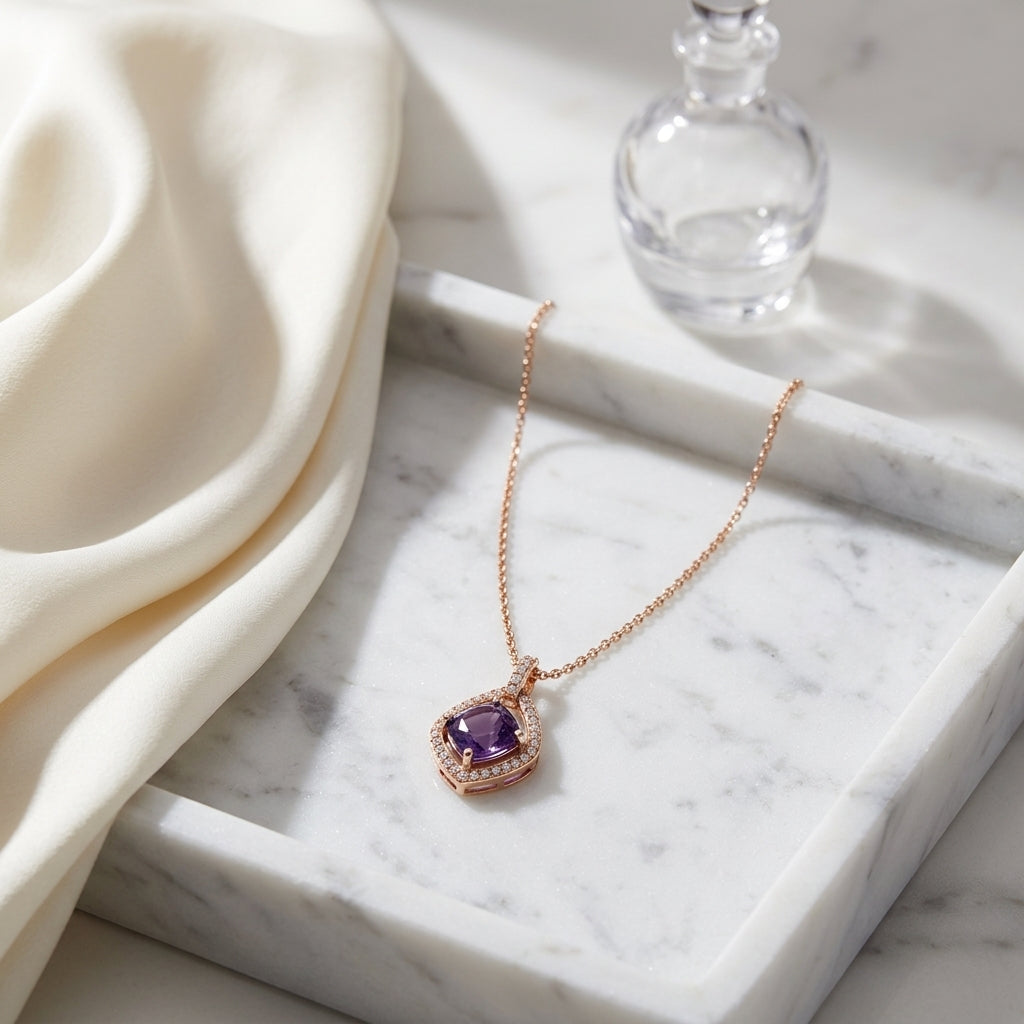 Amethyst And Diamond Cushion Center With Kite Frame Pendant In 14k Rose Gold — atelier still life