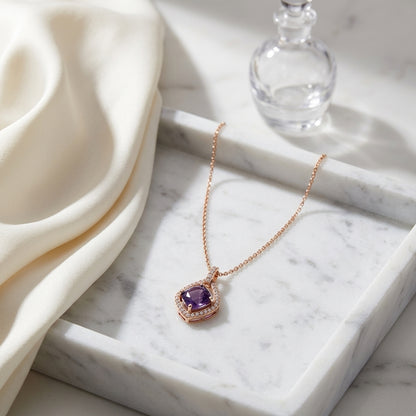 Amethyst And Diamond Cushion Center With Kite Frame Pendant In 14k Rose Gold — atelier still life