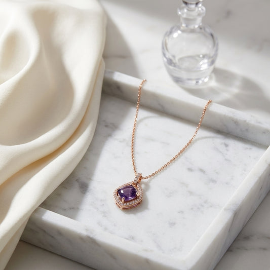 Amethyst And Diamond Cushion Center With Kite Frame Pendant In 14k Rose Gold — atelier still life