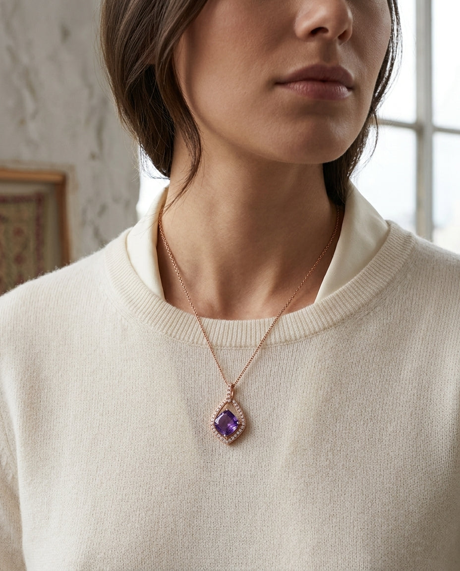 Amethyst And Diamond Cushion Center With Kite Frame Pendant In 14k Rose Gold — editorial close-up