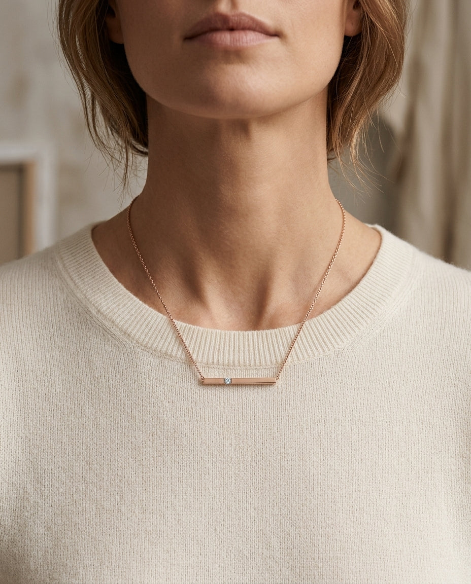 Diamond Bar Necklace In 14k Rose Gold — editorial close-up
