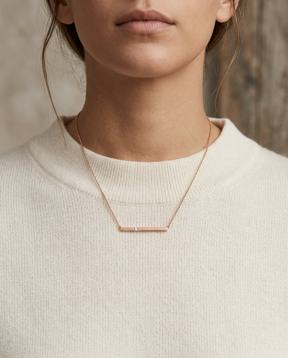Diamond Bar Necklace In 14k Rose Gold — editorial close-up