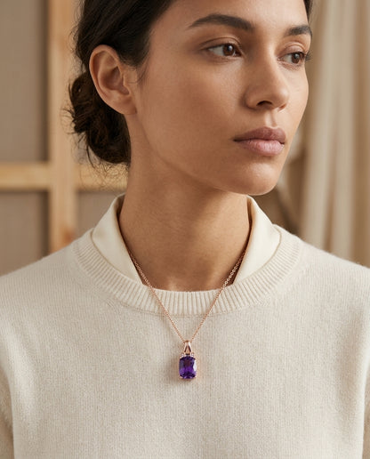 Cushion Amethyst And Pave Diamond Pendant In 14k Rose Gold (9x7mm) — editorial close-up