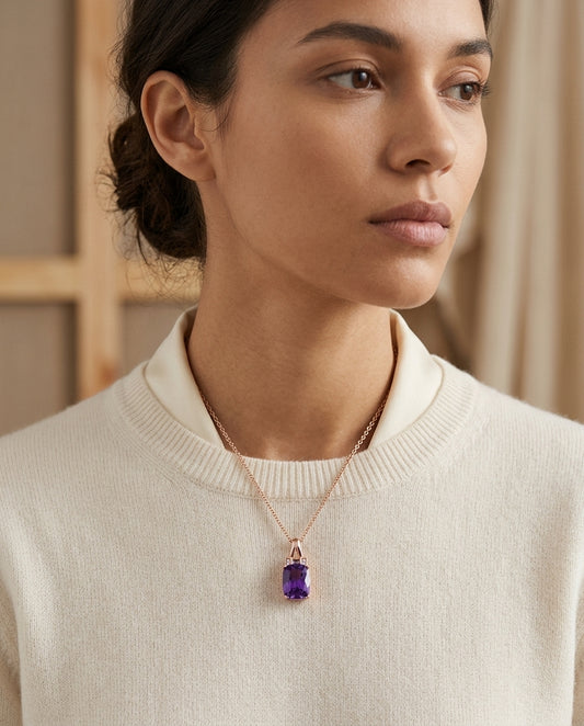 Cushion Amethyst And Pave Diamond Pendant In 14k Rose Gold (9x7mm) — editorial close-up