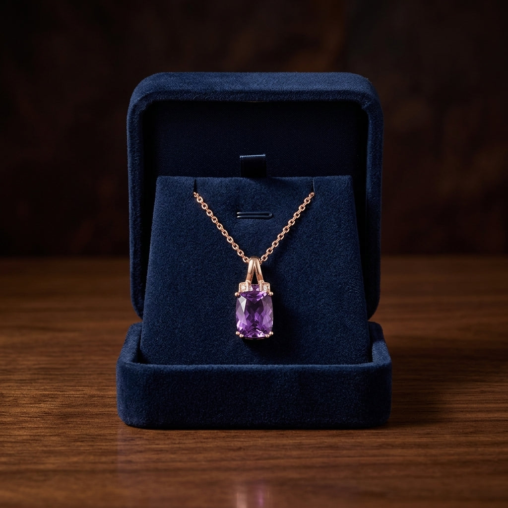 Cushion Amethyst And Pave Diamond Pendant In 14k Rose Gold (9x7mm) — gift presentation