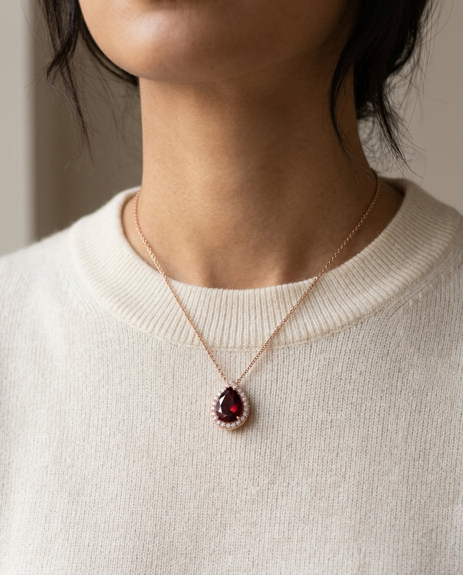 14k Rose Gold Rhodolite Garnet And Diamond Pendant — editorial close-up